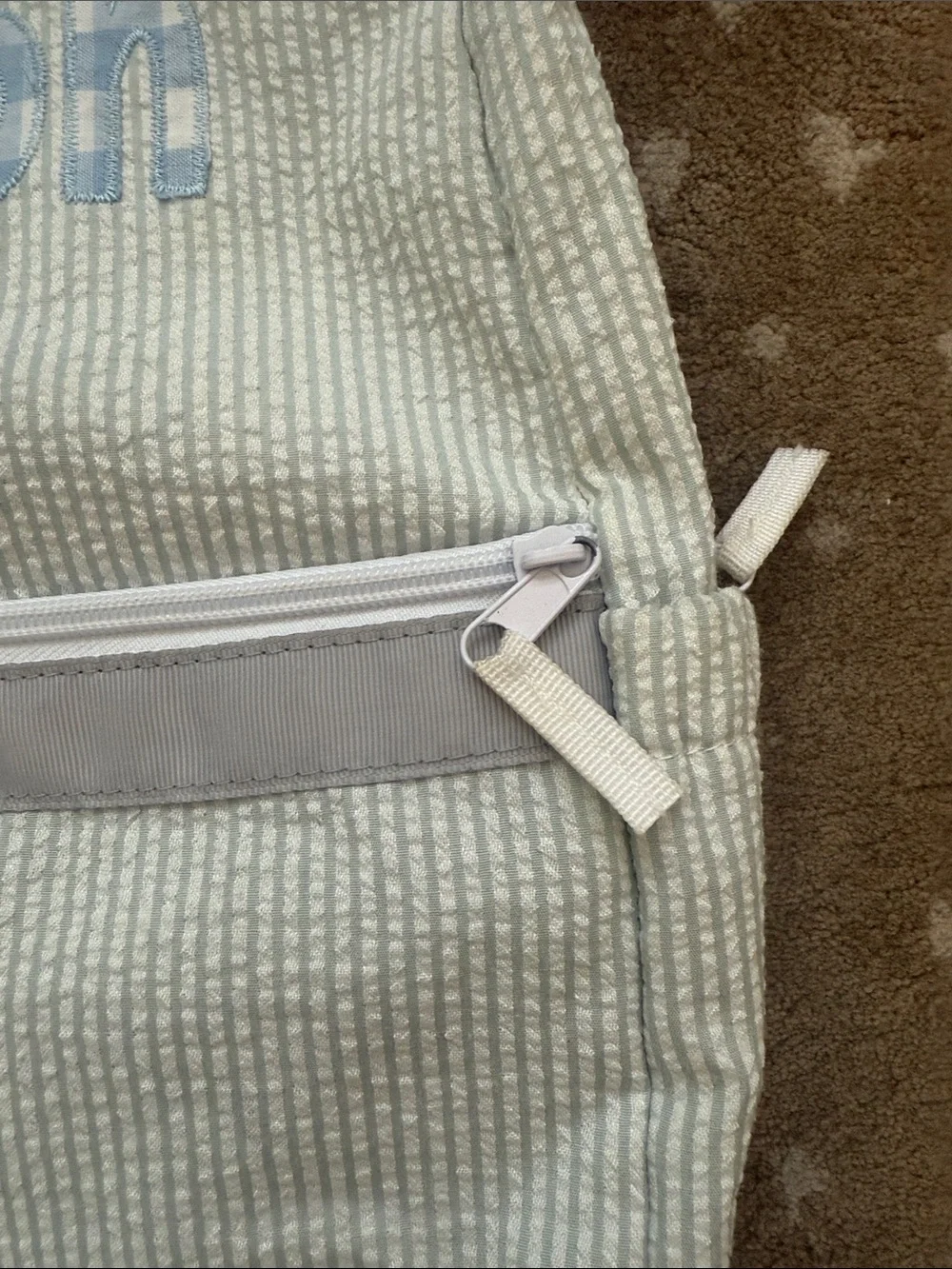 Gray Striped Backpack with 'carson' Embroidery